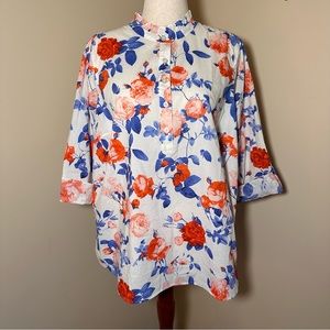 Talbots White Floral Roll Tab Sleeve Popover Blouse Size 2XP 100% Cotton